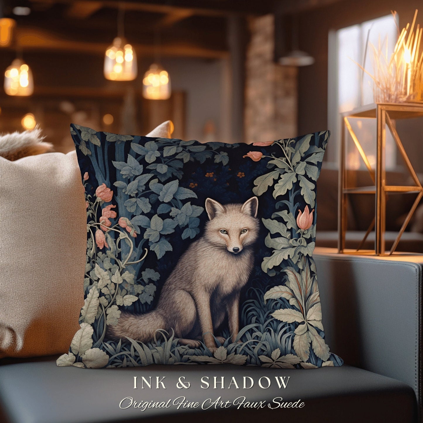 Grey Fox Pillow Botanical Gothic | Dark Academia William Morris Inspired Cushion Goth Aesthetic Medieval Woven Pillow Victorian Fox Decor |