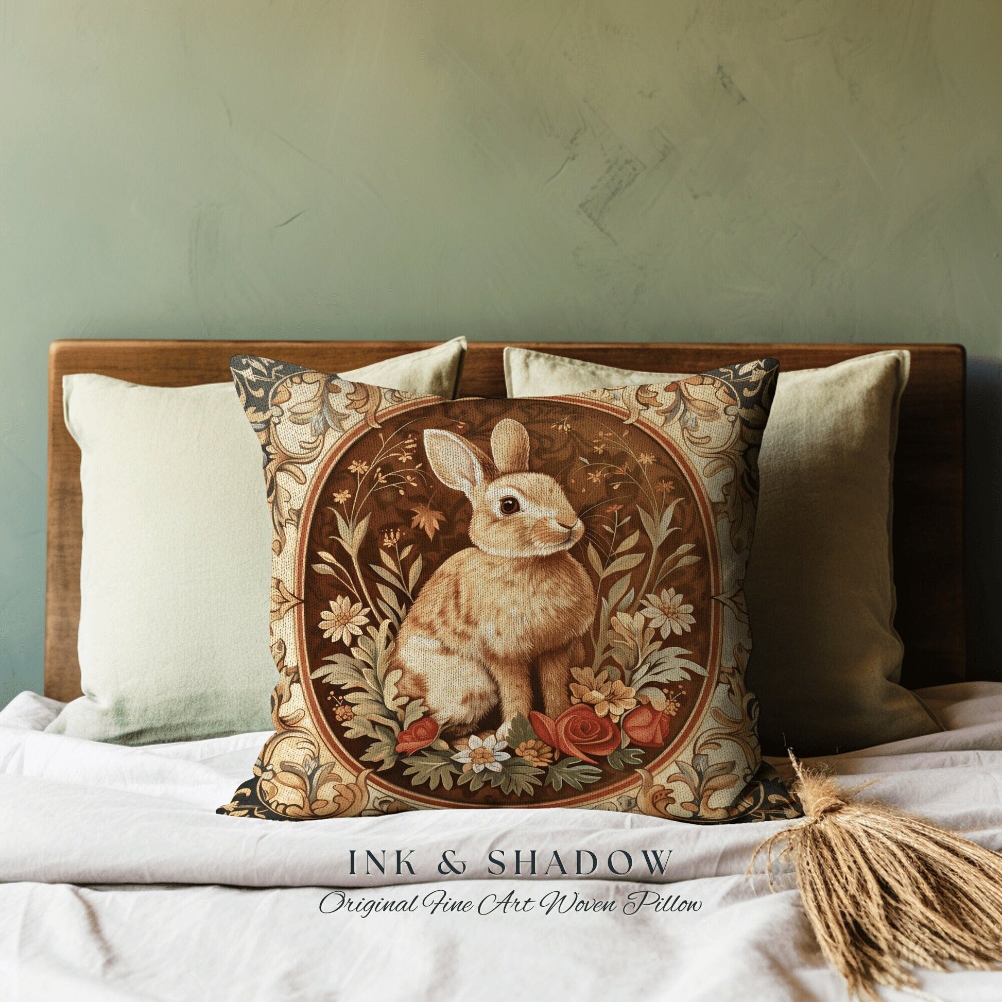 Ornate Rabbit Throw Pillow | Couch Cushion William Morris Throw Woodland Bunny Decor Spring Botanical Rabbit Fairycore Book Nook Gift