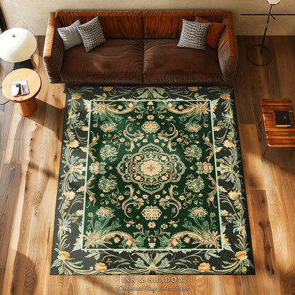 Emerald Accent Rug for Living Room | Classic Ornate Statement Rug with Green Detail Peachy Accent Bohemian Aesthetic for Cozy Reading Nook |