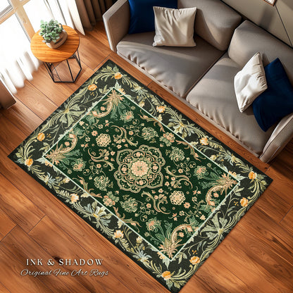 Emerald Accent Rug for Living Room | Classic Ornate Statement Rug with Green Detail Peachy Accent Bohemian Aesthetic for Cozy Reading Nook |