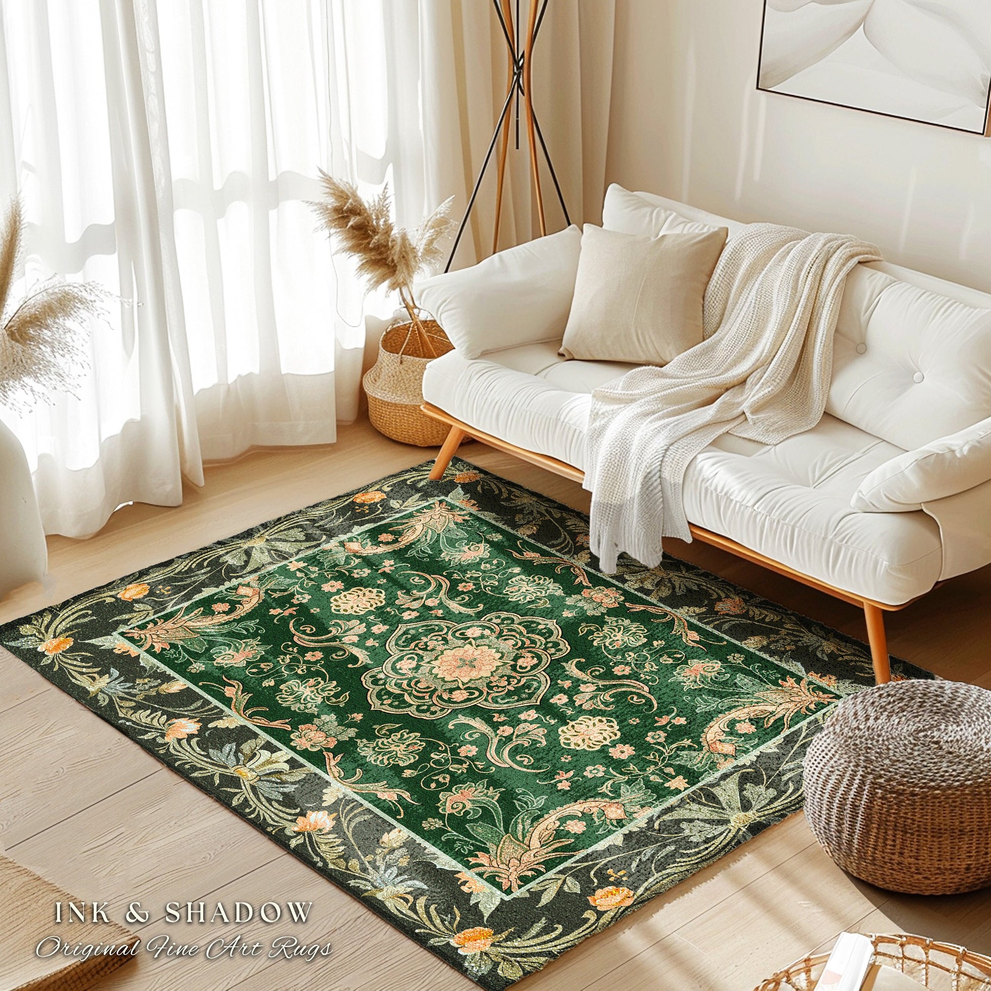 Emerald Accent Rug for Living Room | Classic Ornate Statement Rug with Green Detail Peachy Accent Bohemian Aesthetic for Cozy Reading Nook |