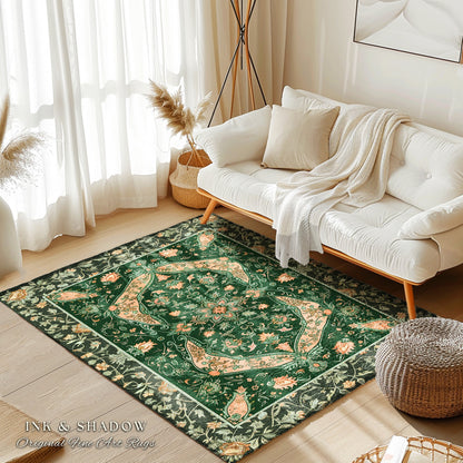 Elegant Sea Green Area Rug | Classic Ornate Statement Rug with Fine Emerald Green Detail Peachy Accent Bohemian Aesthetic for Cozy Bedroom |