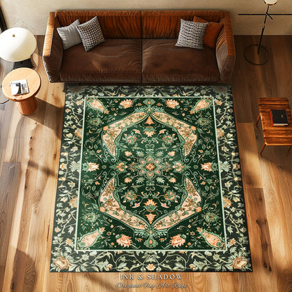 Elegant Sea Green Area Rug | Classic Ornate Statement Rug with Fine Emerald Green Detail Peachy Accent Bohemian Aesthetic for Cozy Bedroom |