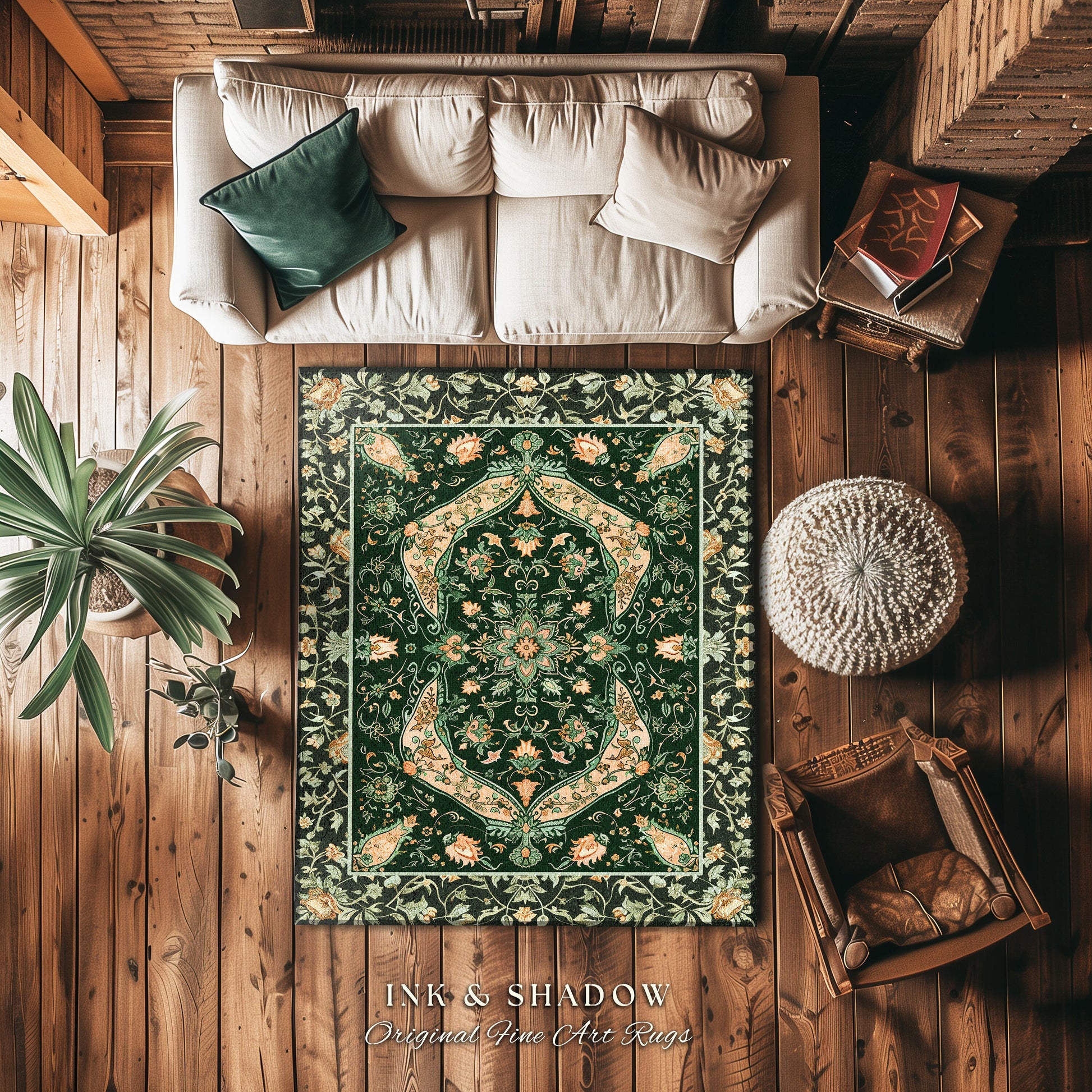 Elegant Sea Green Area Rug | Classic Ornate Statement Rug with Fine Emerald Green Detail Peachy Accent Bohemian Aesthetic for Cozy Bedroom |