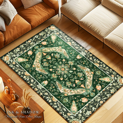 Elegant Sea Green Area Rug | Classic Ornate Statement Rug with Fine Emerald Green Detail Peachy Accent Bohemian Aesthetic for Cozy Bedroom |