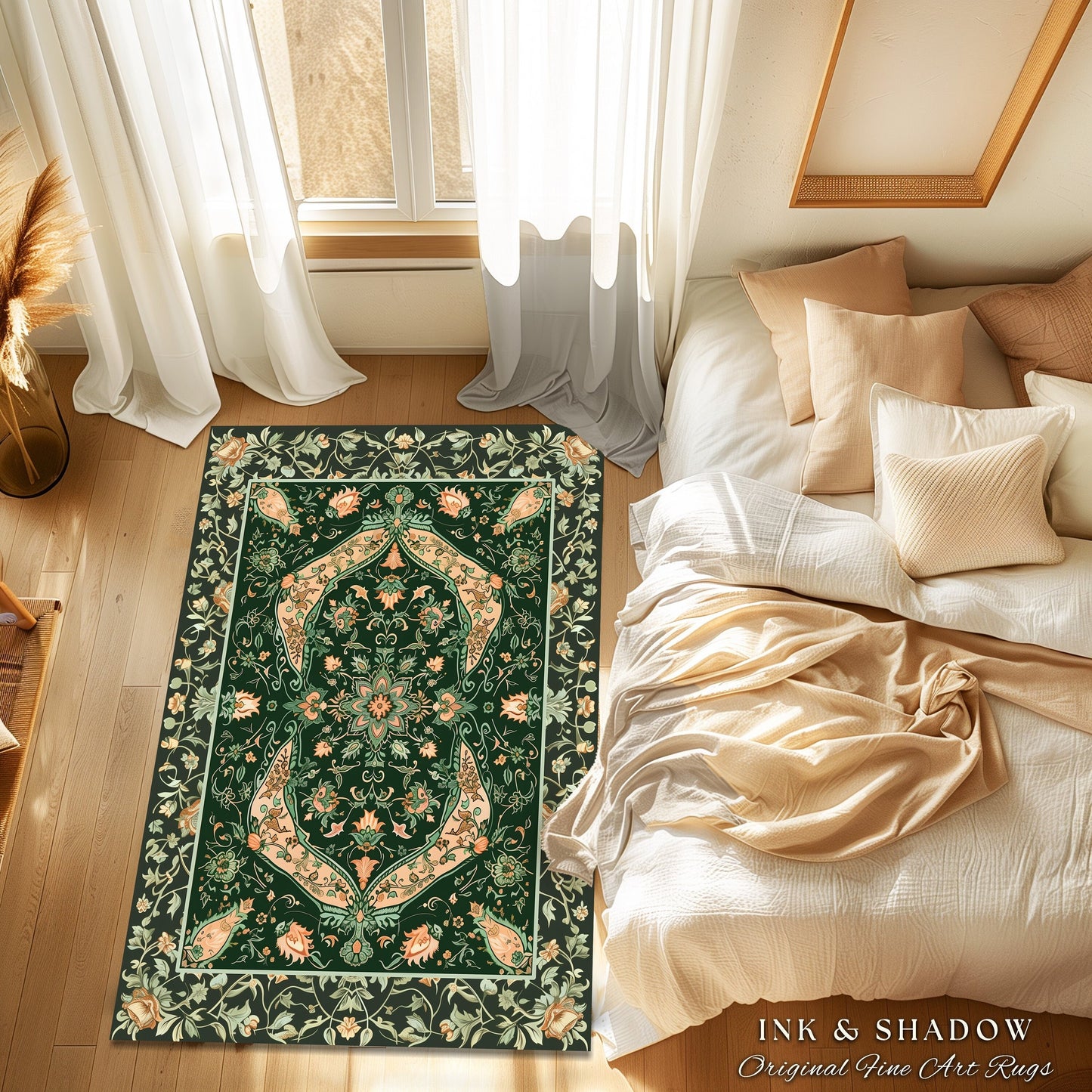 Elegant Sea Green Area Rug | Classic Ornate Statement Rug with Fine Emerald Green Detail Peachy Accent Bohemian Aesthetic for Cozy Bedroom |