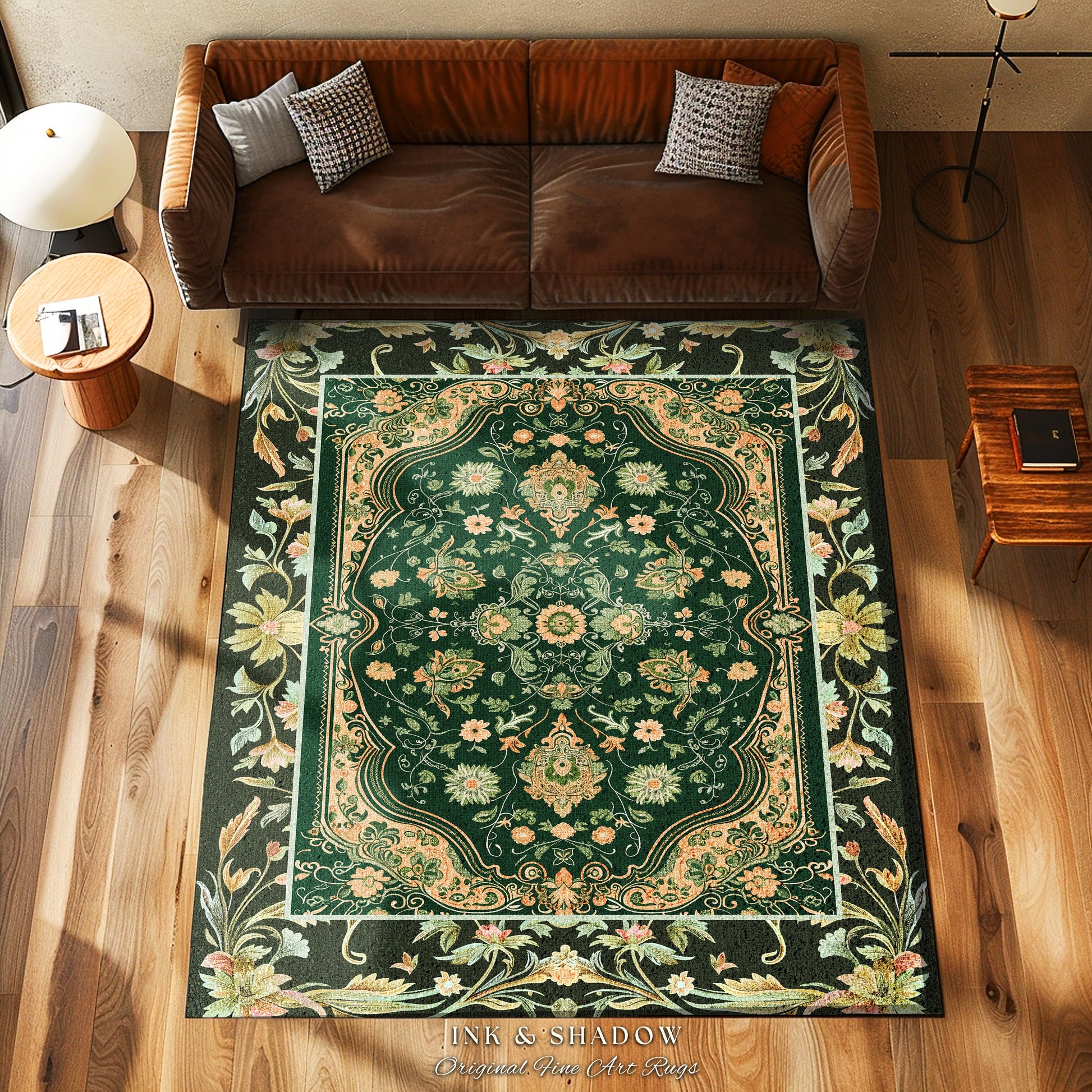 Ornate Emerald Green Round Accent Rug | Bohemian Style Cottagecore Area Rug Hippie Aesthetic Forest Green Detail Vibrant Color Bedroom Decor