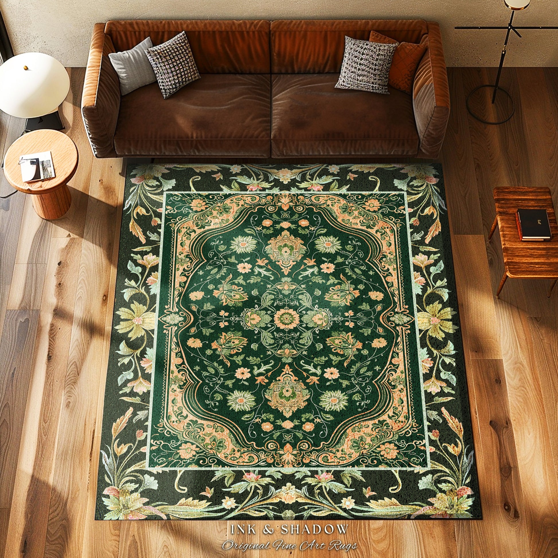 Ornate Emerald Green Accent Rug | Bohemian Style Cottagecore Area Rug Hippie Aesthetic Forest Green Detail Vibrant Color Bedroom Decor Retro