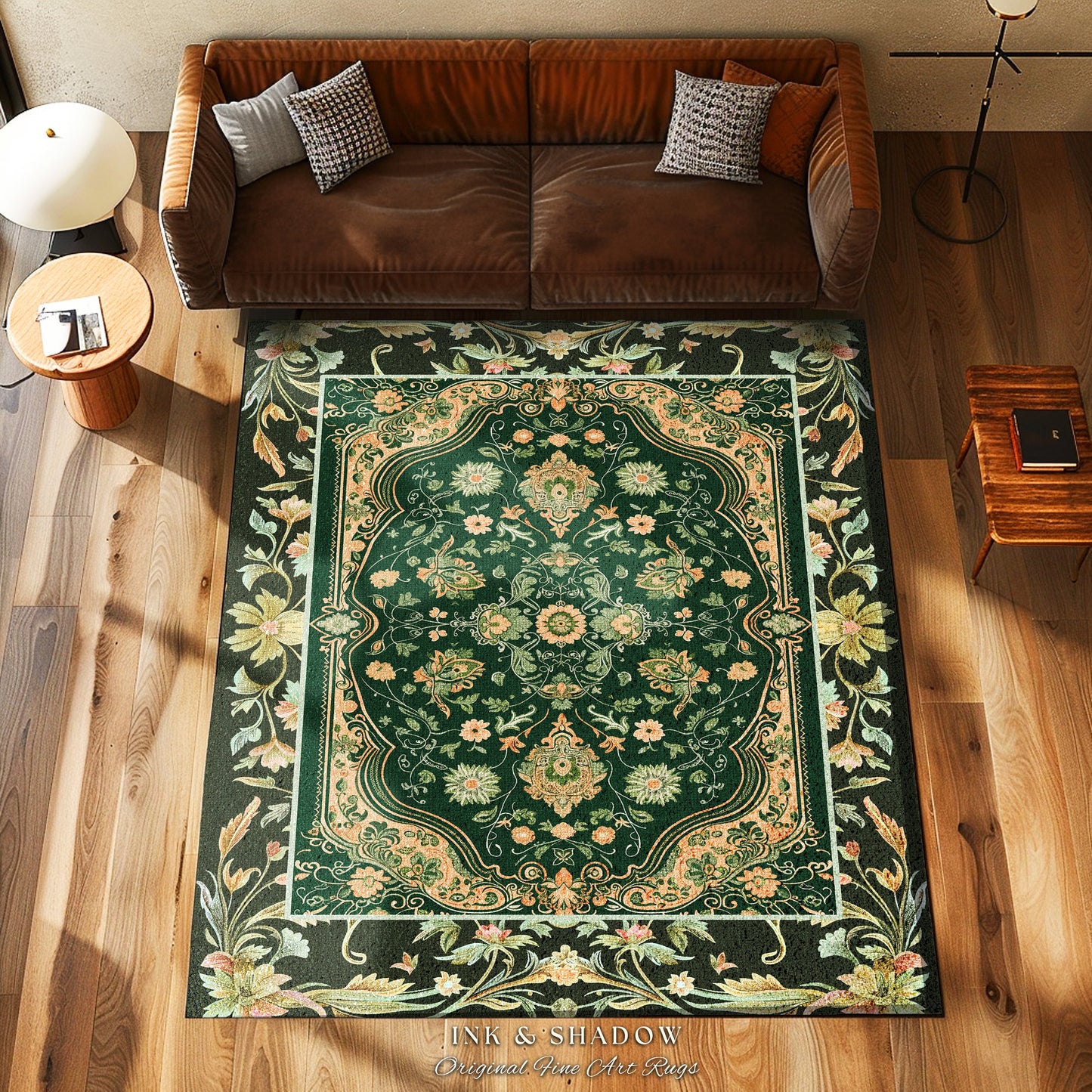 Ornate Emerald Green Round Accent Rug | Bohemian Style Cottagecore Area Rug Hippie Aesthetic Forest Green Detail Vibrant Color Bedroom Decor