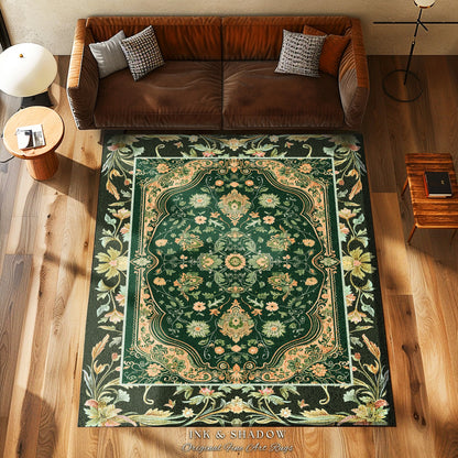 Ornate Emerald Green Round Accent Rug | Bohemian Style Cottagecore Area Rug Hippie Aesthetic Forest Green Detail Vibrant Color Bedroom Decor