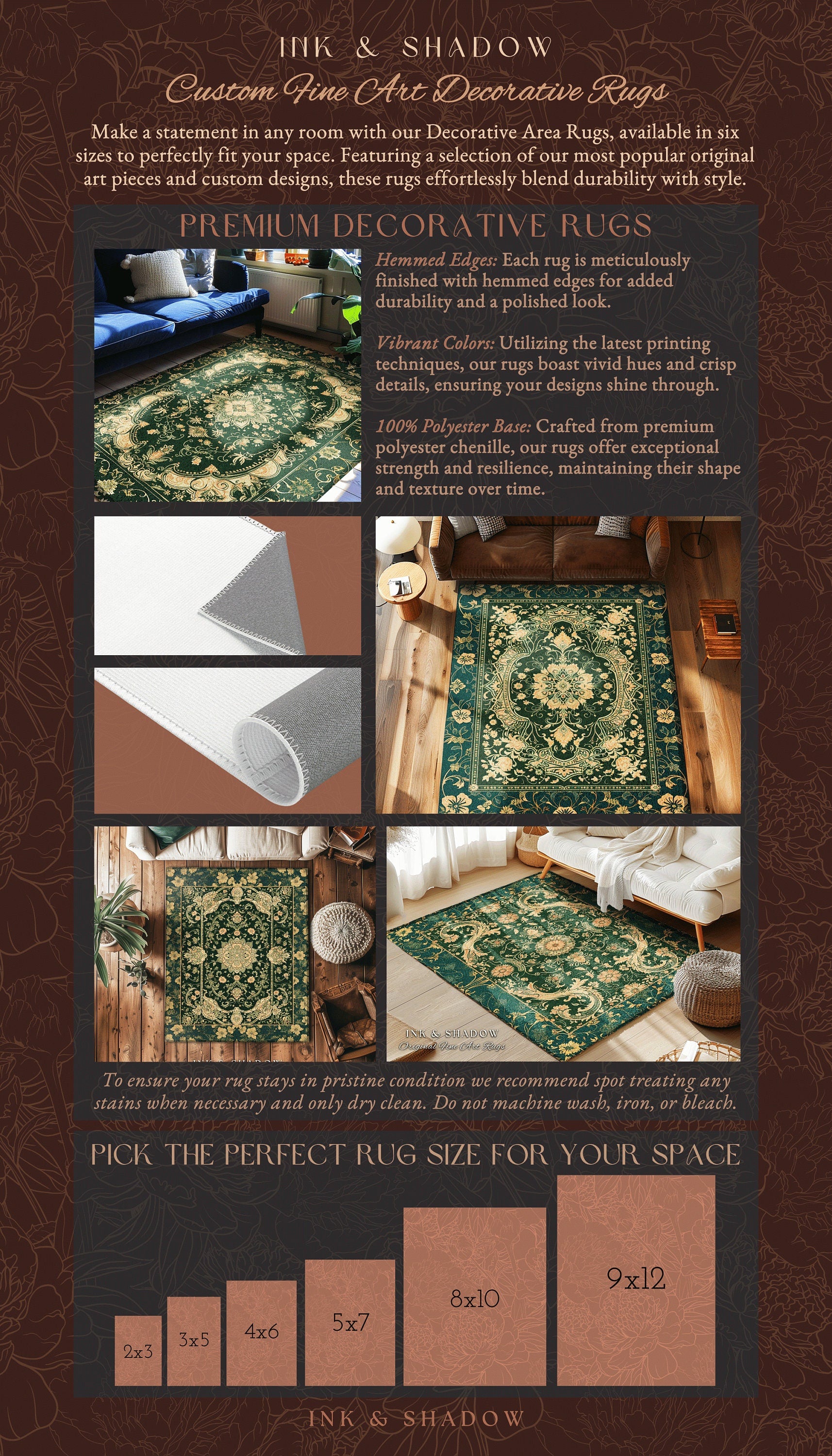 Dark Rich Forest Green Area Rug | Floral Elegance Ornate Bohemian Style Accent Rug Baroque Aesthetic Emerald Green Detail Vibrant Colors |