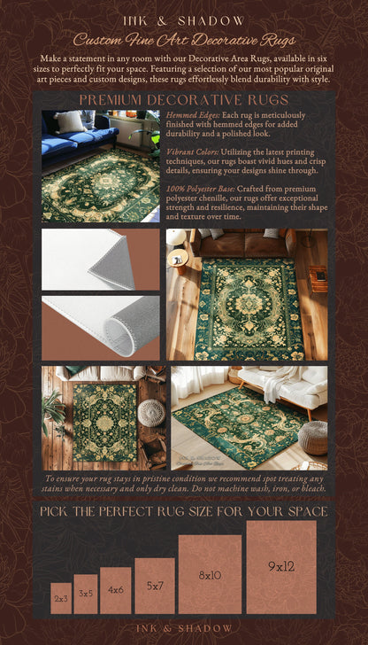 Dark Rich Forest Green Area Rug | Floral Elegance Ornate Bohemian Style Accent Rug Baroque Aesthetic Emerald Green Detail Vibrant Colors |