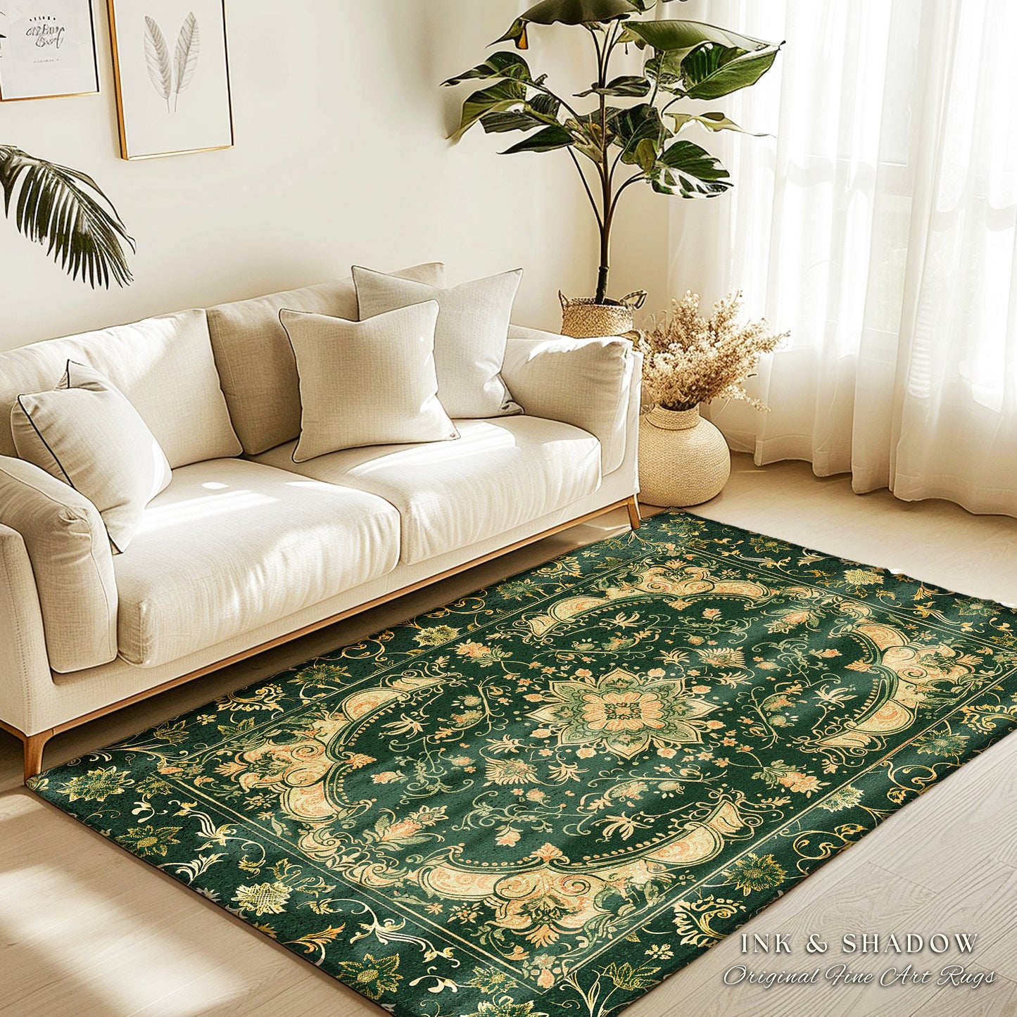 Dark Rich Forest Green Area Rug | Floral Elegance Ornate Bohemian Style Accent Rug Baroque Aesthetic Emerald Green Detail Vibrant Colors |
