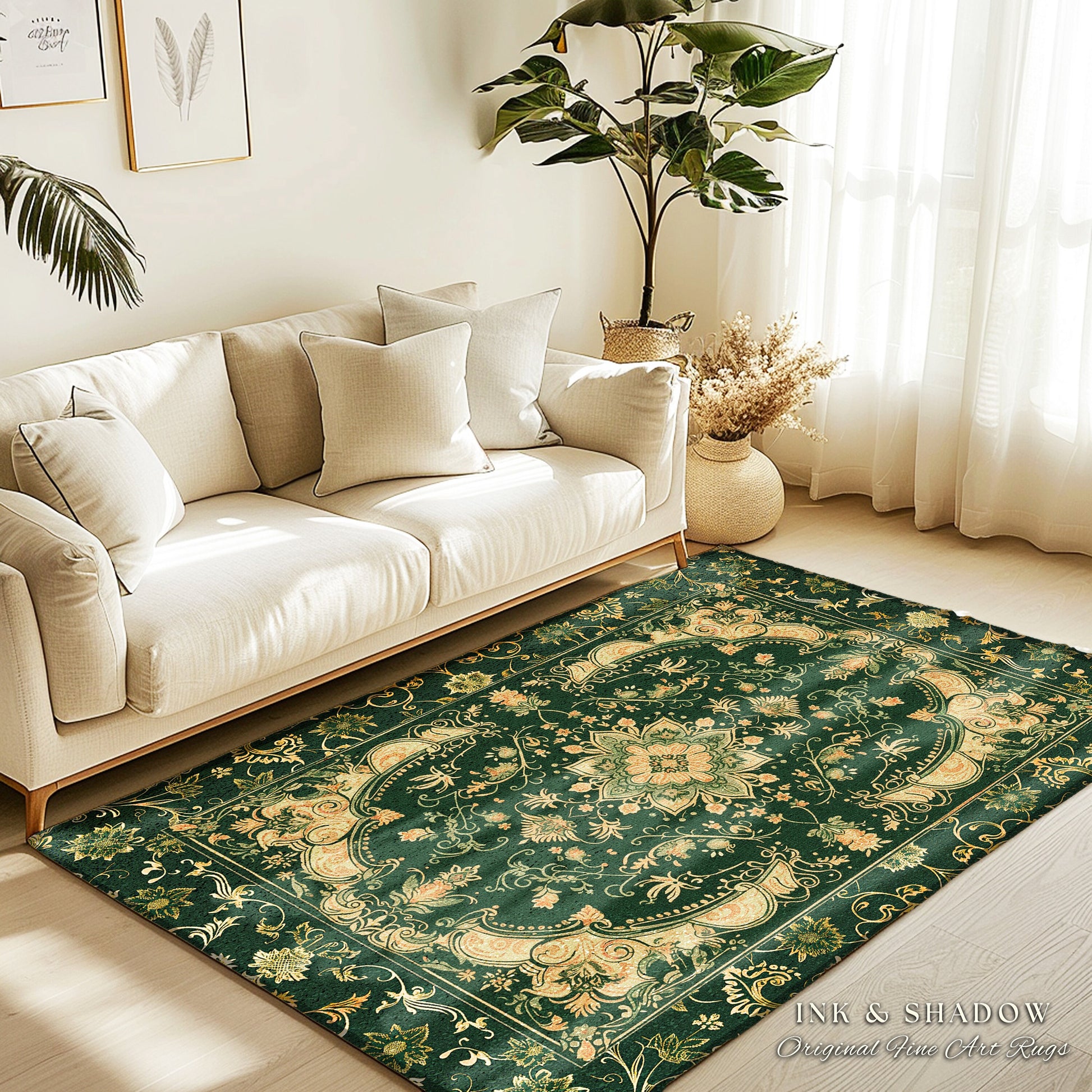 Dark Rich Forest Green Area Rug | Floral Elegance Ornate Bohemian Style Accent Rug Baroque Aesthetic Emerald Green Detail Vibrant Colors |