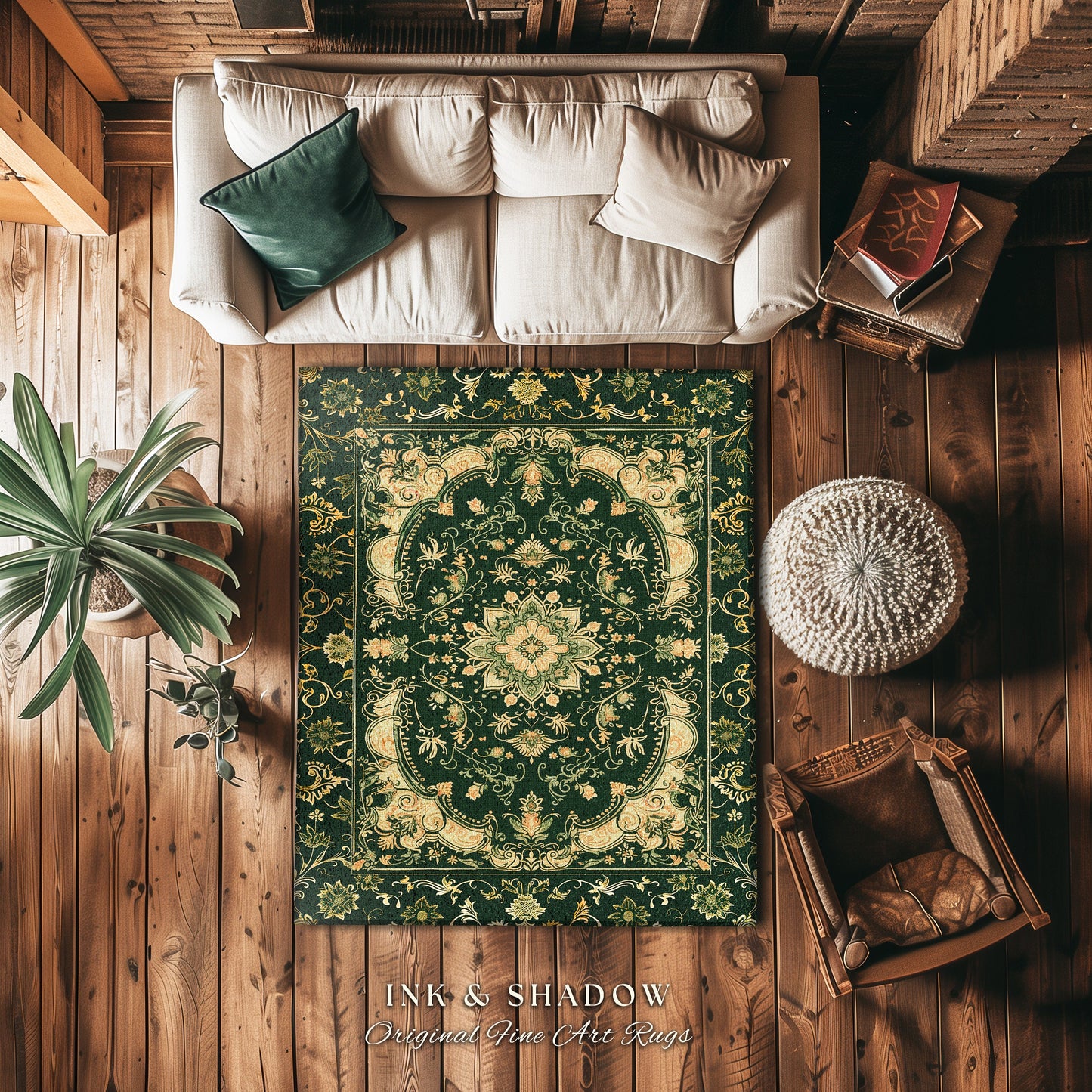 Dark Rich Forest Green Area Rug | Floral Elegance Ornate Bohemian Style Accent Rug Baroque Aesthetic Emerald Green Detail Vibrant Colors |