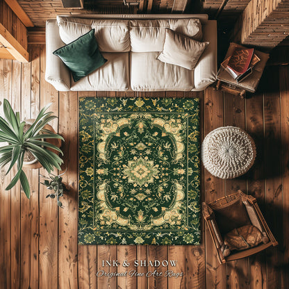 Dark Rich Forest Green Area Rug | Floral Elegance Ornate Bohemian Style Accent Rug Baroque Aesthetic Emerald Green Detail Vibrant Colors |