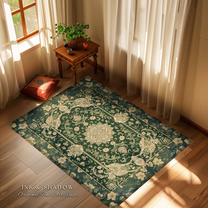 Victorian Botanical Medallion Emerald Green Rug Antique Rose Gold Floral Art Nuevo Accents, Vintage Cottagecore Elegant Persian Home Charm