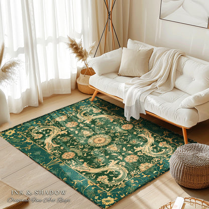 Bohemian Aesthetic Dark Green Area Rug | Baroque Emerald Green Victorian Home Accent Rug Floral Elegance Ornate Classical Ornamental Style |