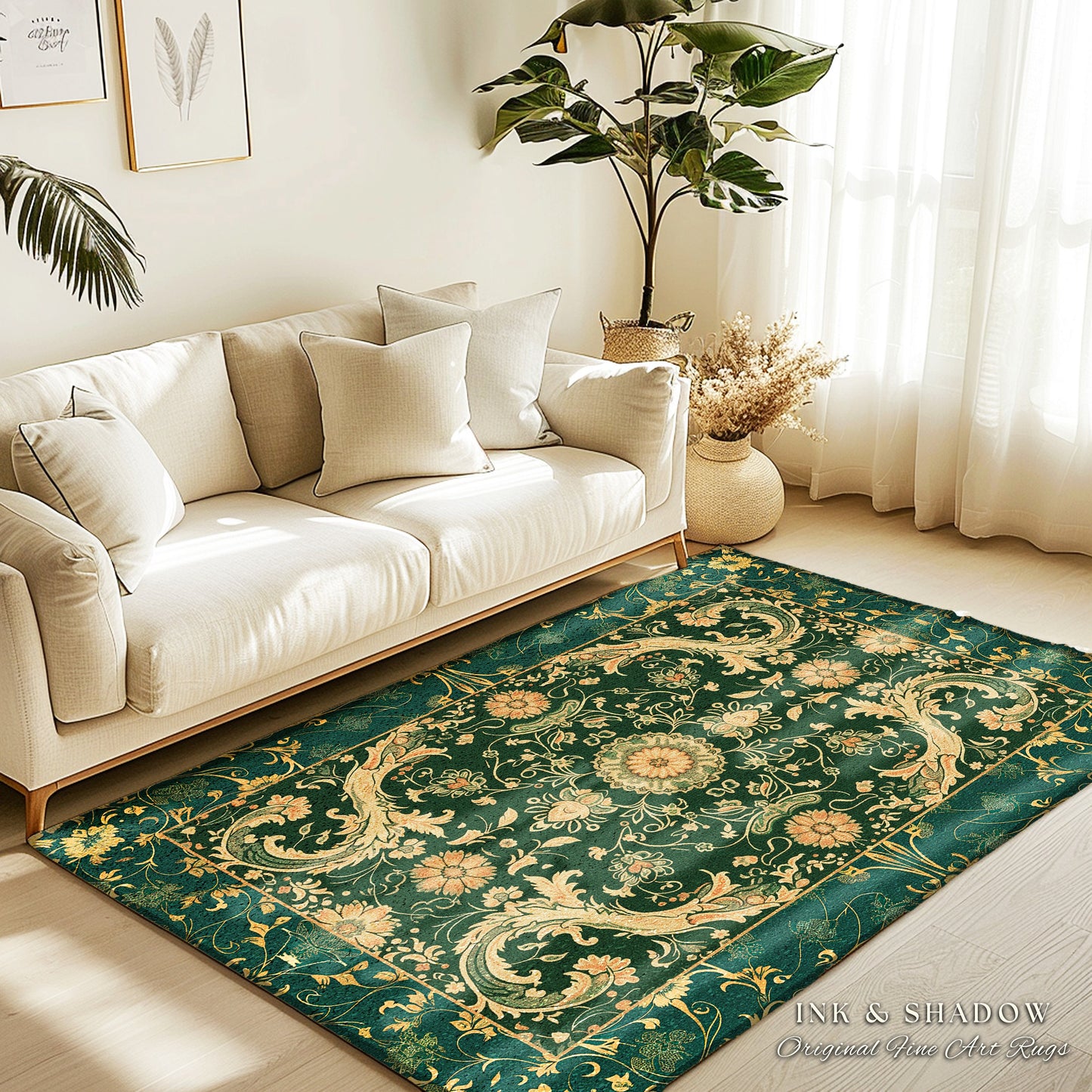 Bohemian Aesthetic Dark Green Area Rug | Baroque Emerald Green Victorian Home Accent Rug Floral Elegance Ornate Classical Ornamental Style |