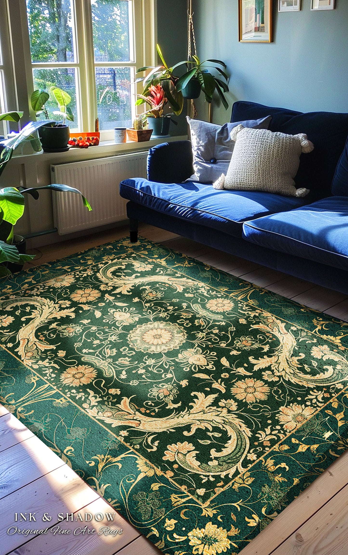 Bohemian Aesthetic Dark Green Area Rug | Baroque Emerald Green Victorian Home Accent Rug Floral Elegance Ornate Classical Ornamental Style |