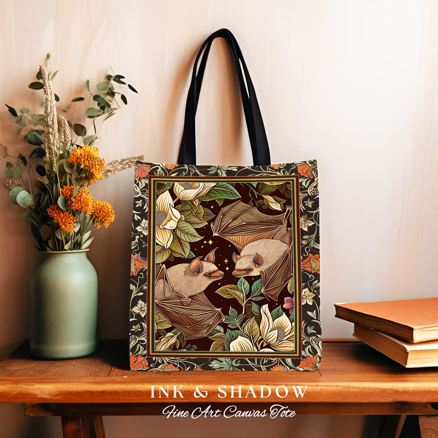 Bat Lover Boho Tote Aesthetic Gothic Gift Floral Dark Cottagecore Shoulderbag Witchy Bookbag Gift for Goth Bat Celestial Tote Tapestry Bag