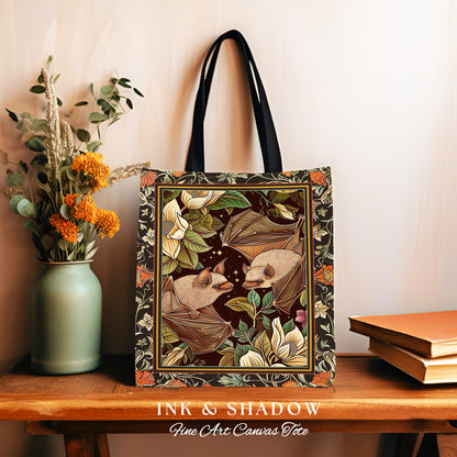 Bat Lover Boho Tote Aesthetic Gothic Gift Floral Dark Cottagecore Shoulderbag Witchy Bookbag Gift for Goth Bat Celestial Tote Tapestry Bag