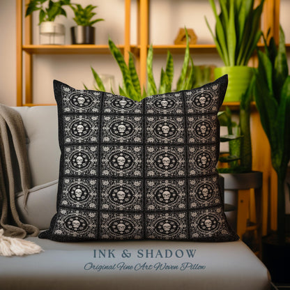 Floral Skull Throw Victorian Gothic Woven Pillow | Dark Cottagecore Halloween Aesthetic Goth Decor Tapestry Pillow Whimsigothic Fall Decor