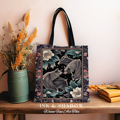 Gothic Bat Tote Bag Boho Dark Floral Gothic Gift for Bat Lover Dark Cottagecore Dark Floral Satchel Dark Bats Witchy Bag Woven Tapestry Tote