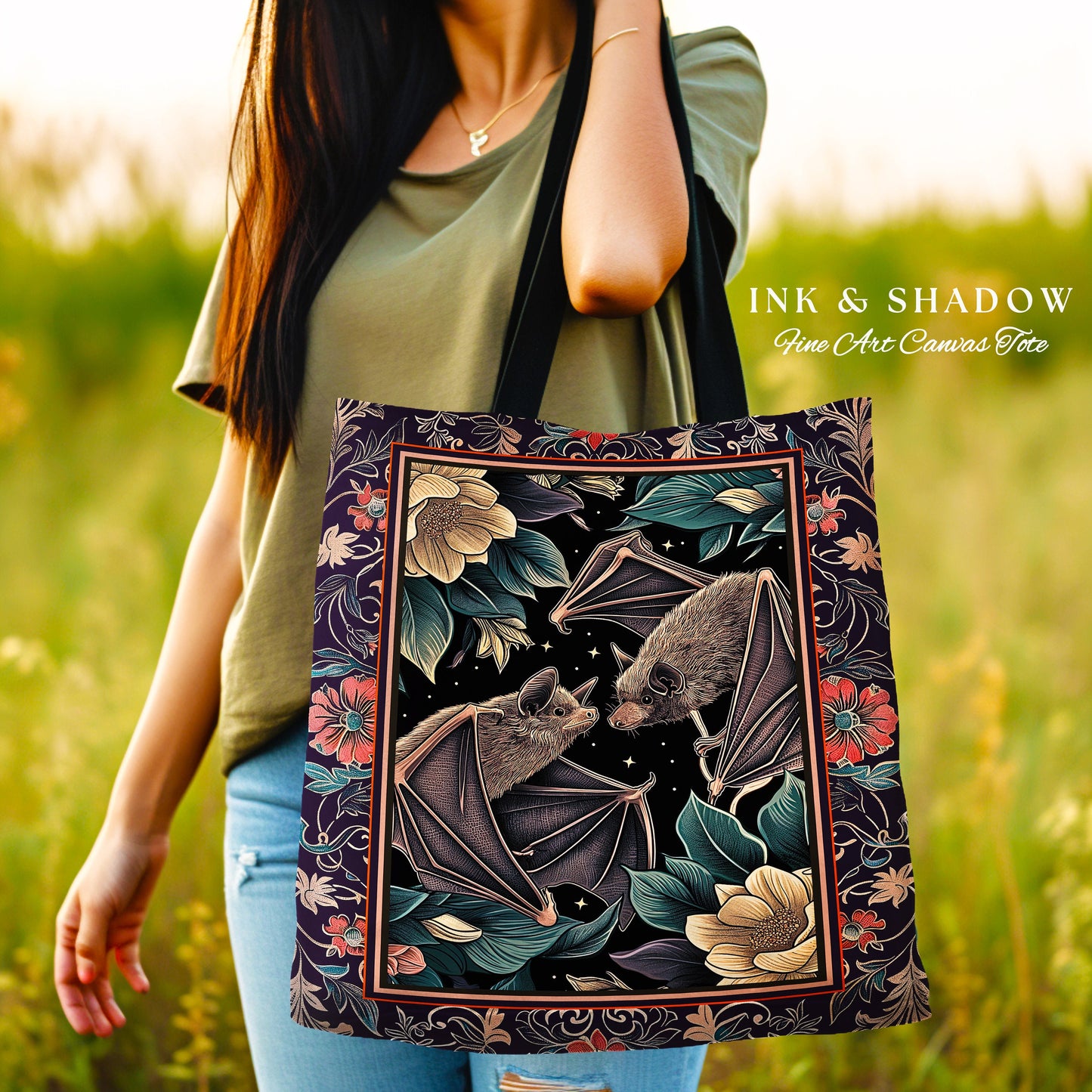 Gothic Bat Tote Bag Boho Dark Floral Gothic Gift for Bat Lover Dark Cottagecore Dark Floral Satchel Dark Bats Witchy Bag Woven Tapestry Tote