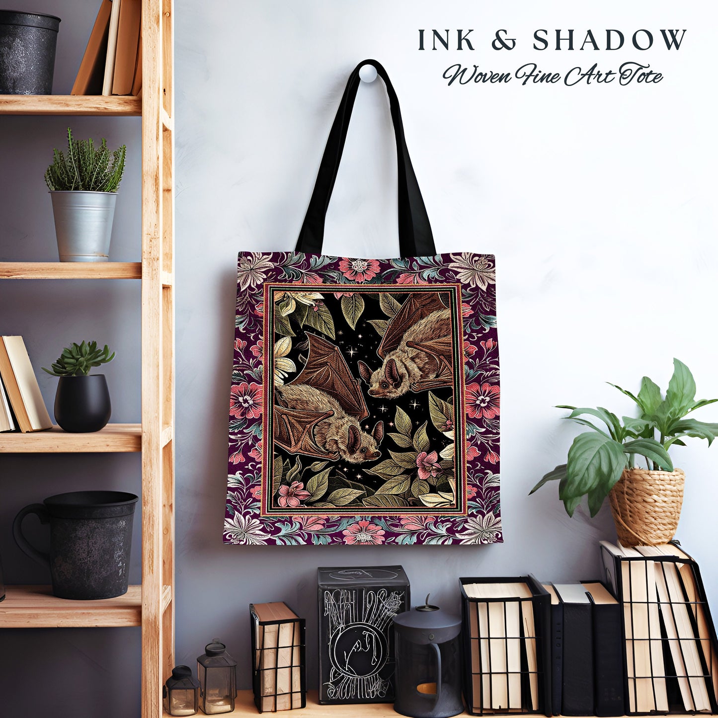 Romantic Dark Floral Bat Tapestry Bag Woven Tote Victorian Goth Bag Purse Dark Cottagecore Gothic Bat Gifts Dark Academia Shoulder Bag