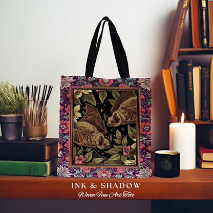 Romantic Dark Floral Bat Tapestry Bag Woven Tote Victorian Goth Bag Purse Dark Cottagecore Gothic Bat Gifts Dark Academia Shoulder Bag