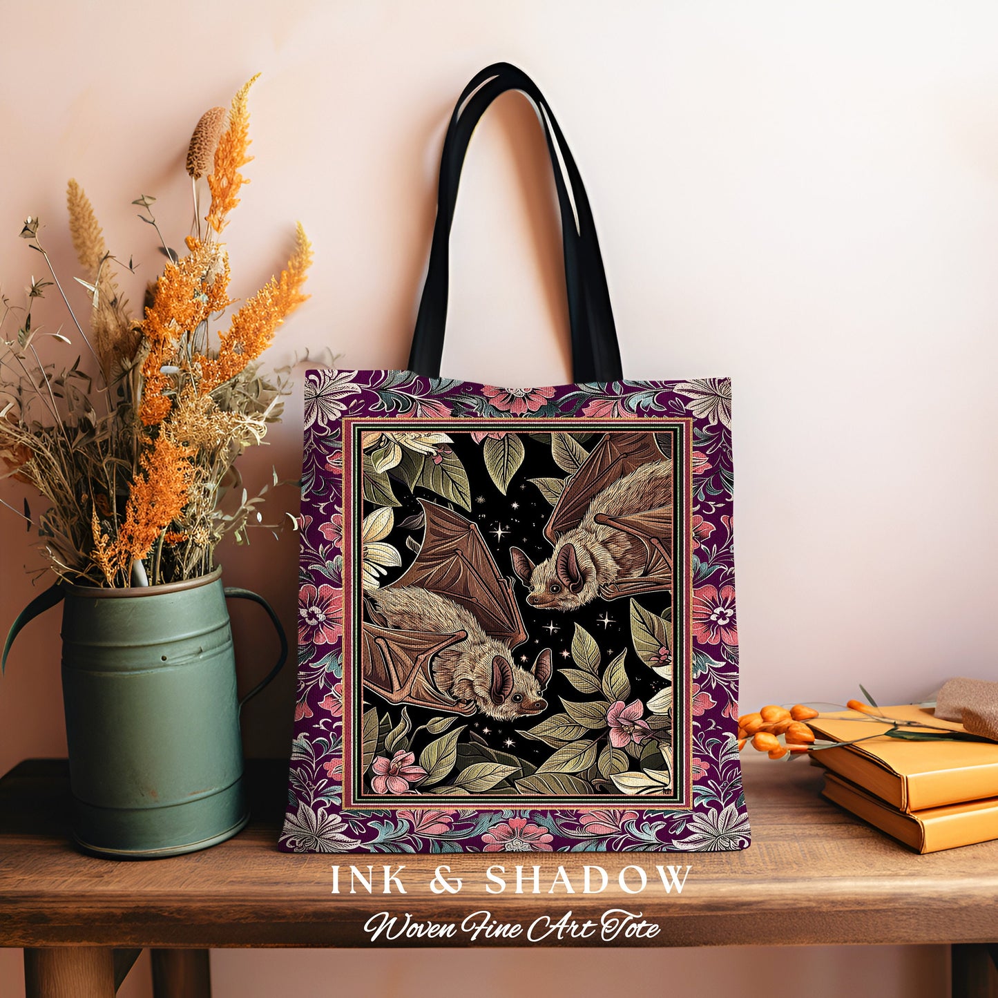 Romantic Dark Floral Bat Tapestry Bag Woven Tote Victorian Goth Bag Purse Dark Cottagecore Gothic Bat Gifts Dark Academia Shoulder Bag