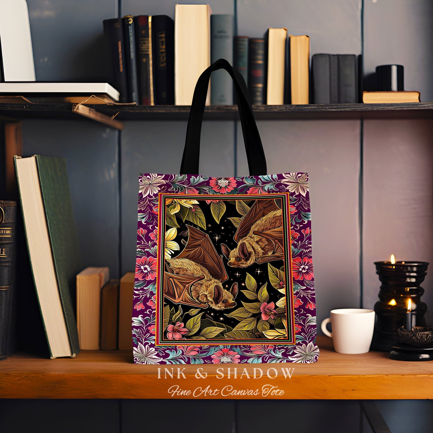 Romantic Dark Floral Bat Tapestry Bag Woven Tote Victorian Goth Bag Purse Dark Cottagecore Gothic Bat Gifts Dark Academia Shoulder Bag