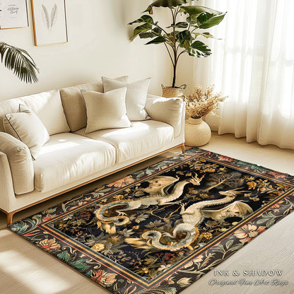 Fantasy Inspired Dragon Rug Victorian Gothic Decor | Enchanted Medieval Dragon Lovers Light Academia Rug Whimsigothic Fantasy Art Mystic Rug