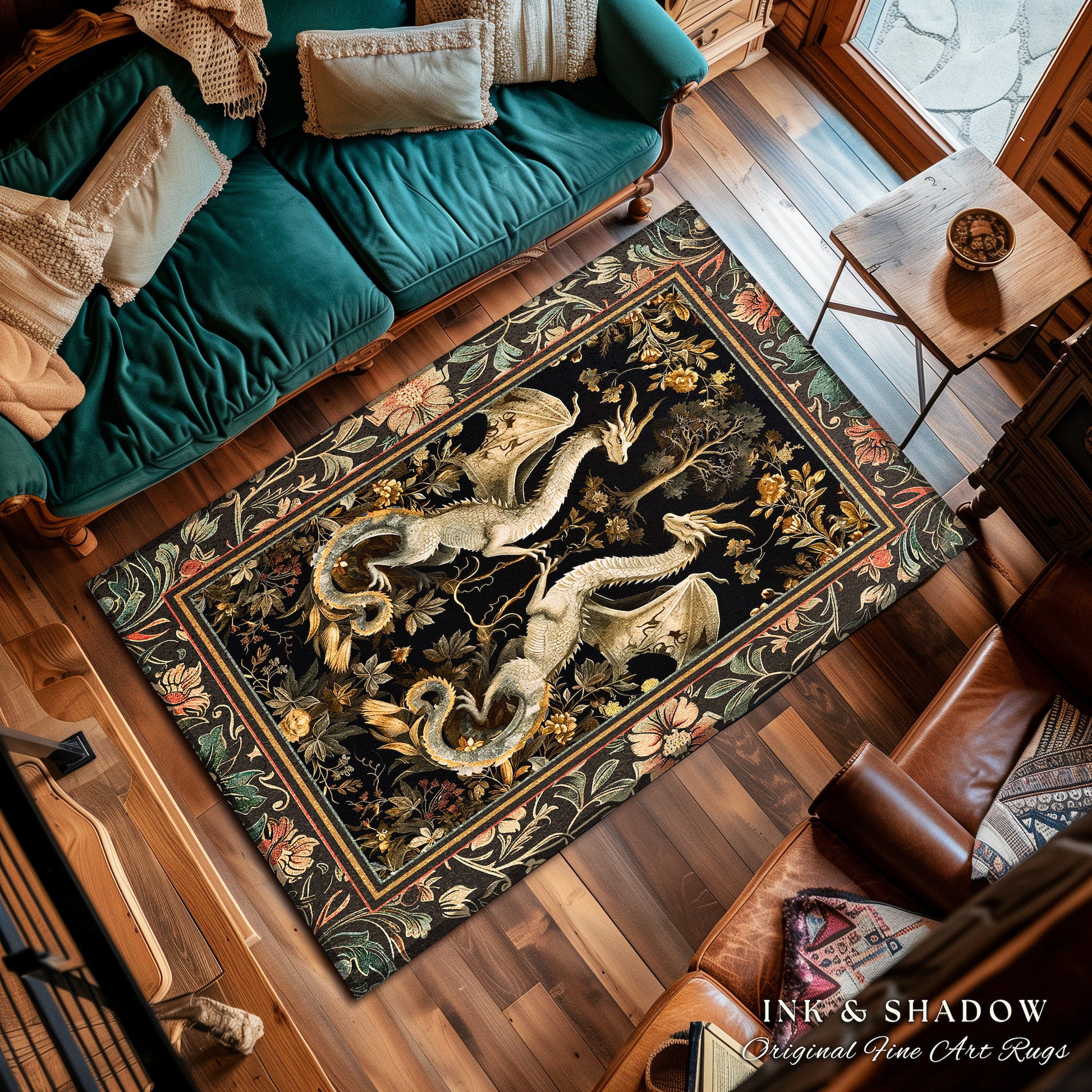 Fantasy Inspired Dragon Rug Victorian Gothic Decor | Enchanted Medieval Dragon Lovers Light Academia Rug Whimsigothic Fantasy Art Mystic Rug