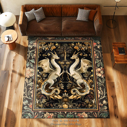 Fantasy Inspired Dragon Rug Victorian Gothic Decor | Enchanted Medieval Dragon Lovers Light Academia Rug Whimsigothic Fantasy Art Mystic Rug