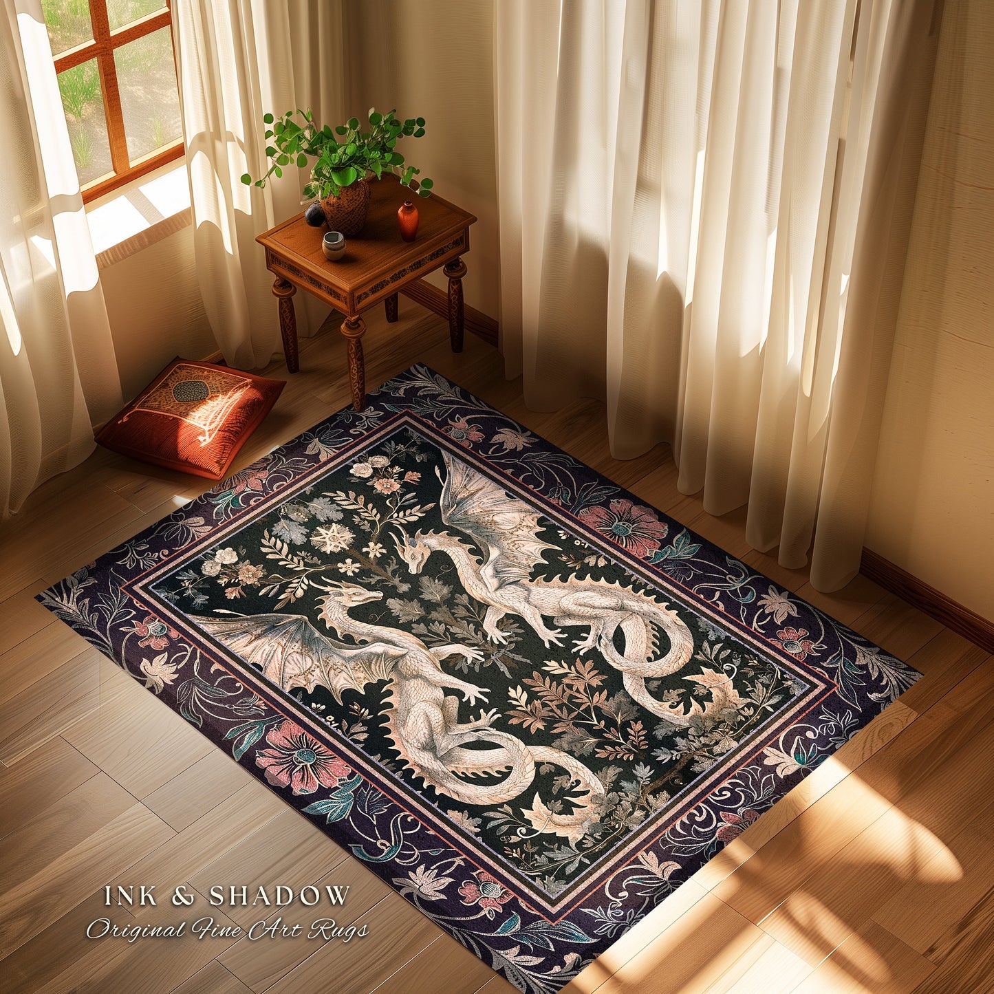 Victorian Gothic Dragon Rug Enchanted Floral Baroque Decor | Mystical Medieval Art Nouveau Woodland Charm Whimsigothic Cottagecore Accent