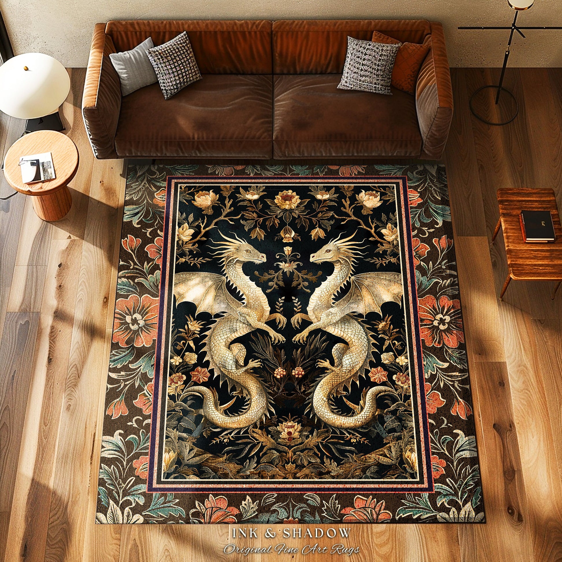 Fantasy Inspired Dragon Rug Victorian Gothic Decor | Enchanted Medieval Dragon Lovers Light Academia Mystical Mythological Whimsigothic Art