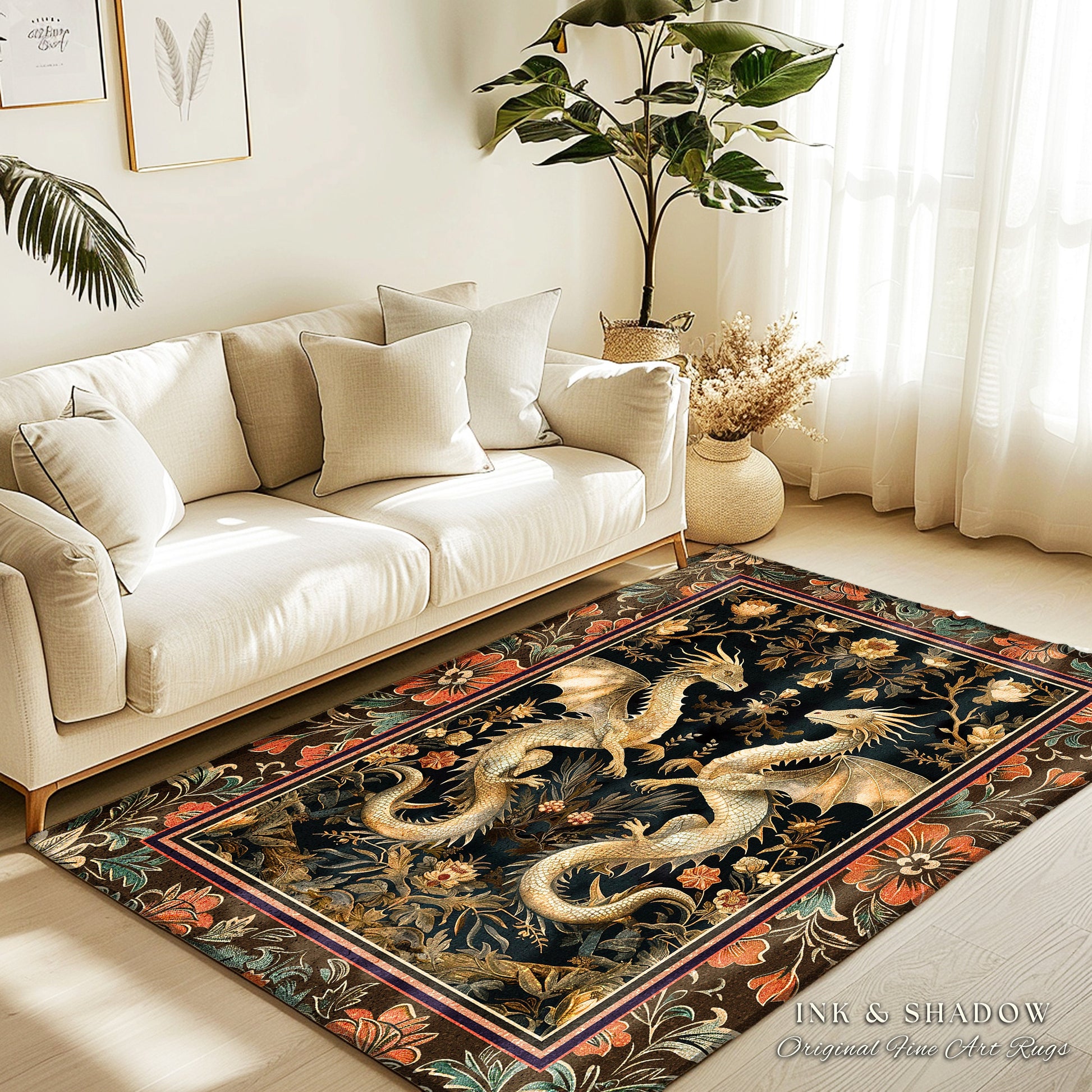 Fantasy Inspired Dragon Rug Victorian Gothic Decor | Enchanted Medieval Dragon Lovers Light Academia Mystical Mythological Whimsigothic Art