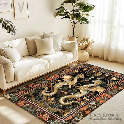 Fantasy Inspired Dragon Rug Victorian Gothic Decor | Enchanted Medieval Dragon Lovers Light Academia Mystical Mythological Whimsigothic Art