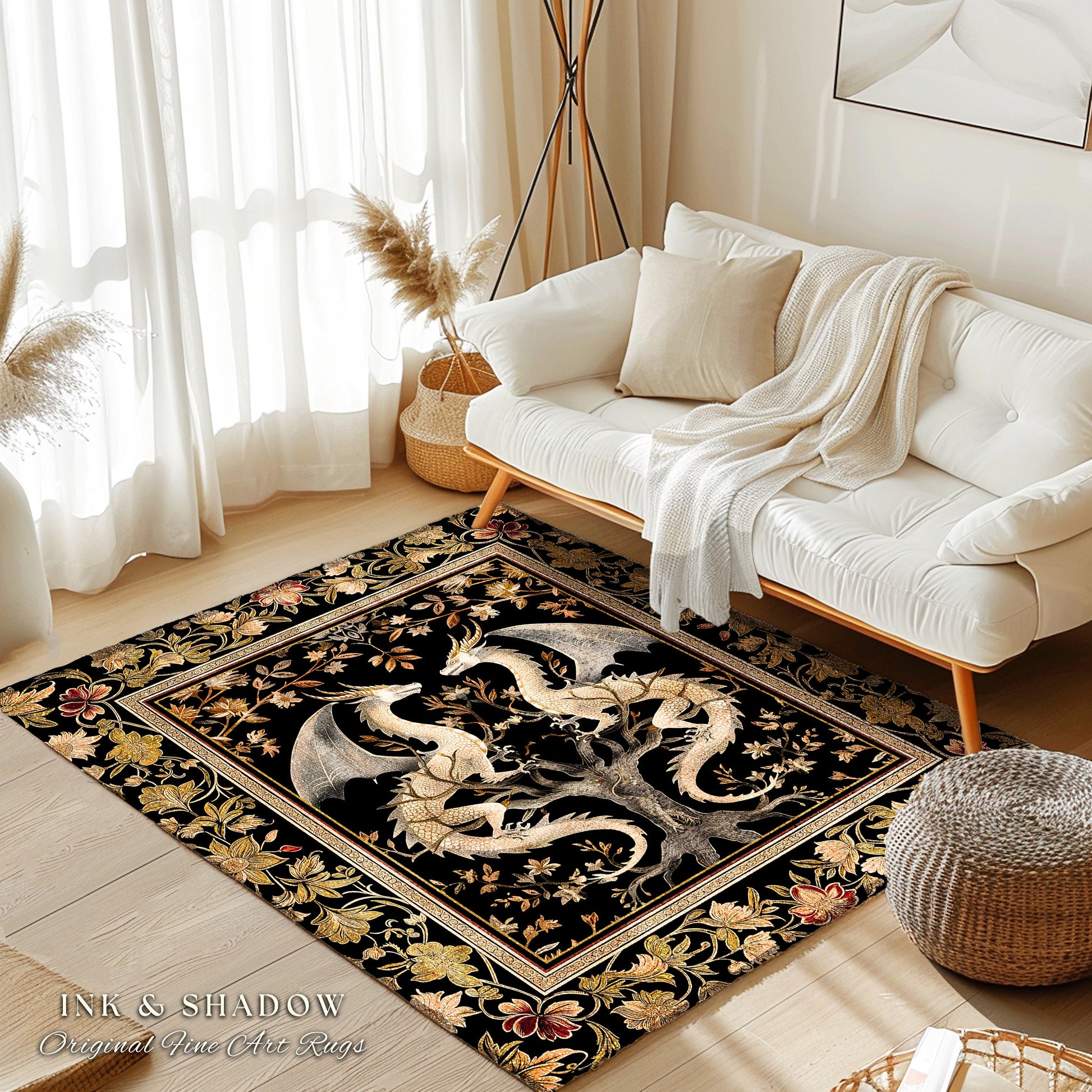 Ethereal Dragon Lover Rug Magical Fantasy Gothic Decor | Enchanted Artful Gift Fairytale Decor Dragon Art Deco Rug Dark Academia Decor |