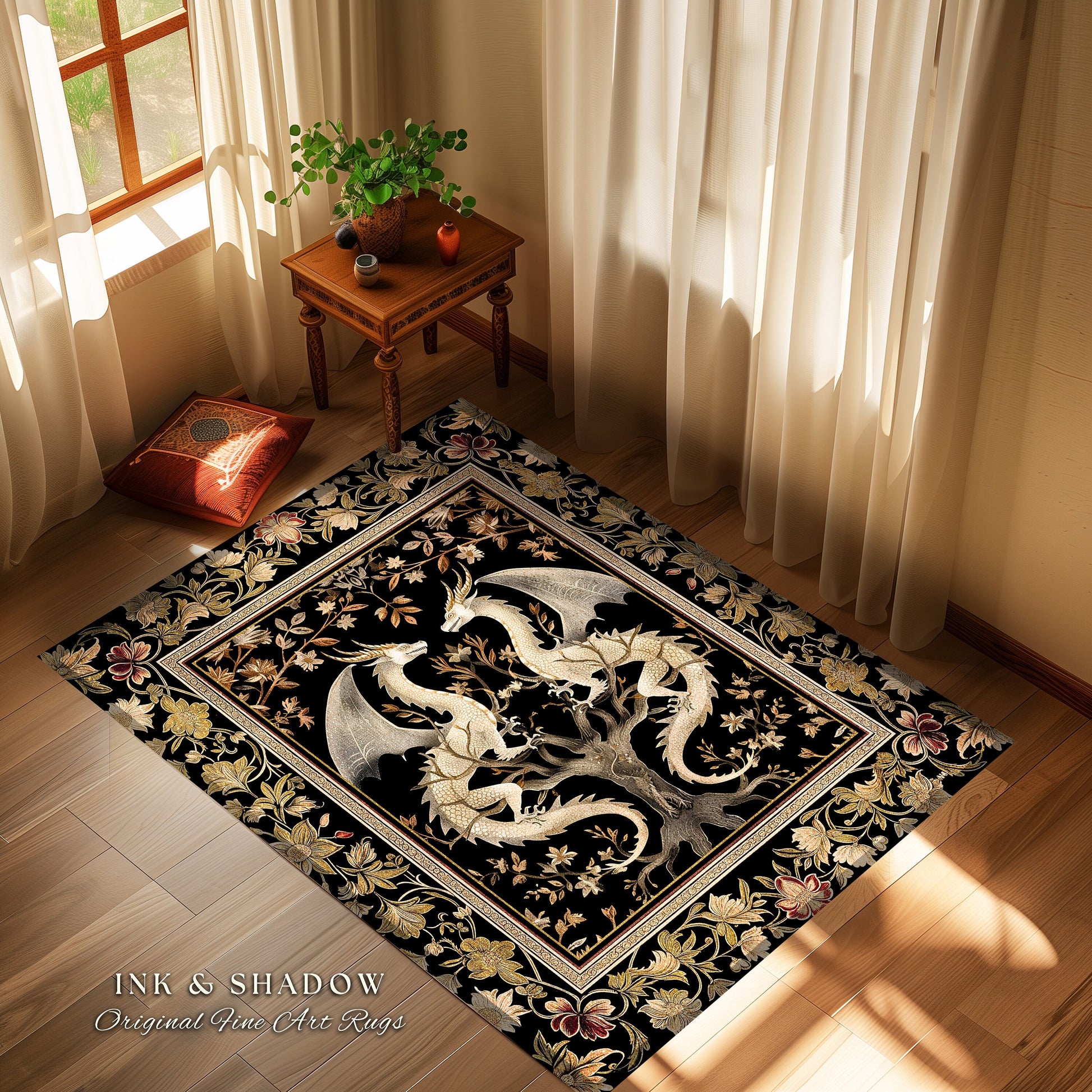 Ethereal Dragon Lover Rug Magical Fantasy Gothic Decor | Enchanted Artful Gift Fairytale Decor Dragon Art Deco Rug Dark Academia Decor |