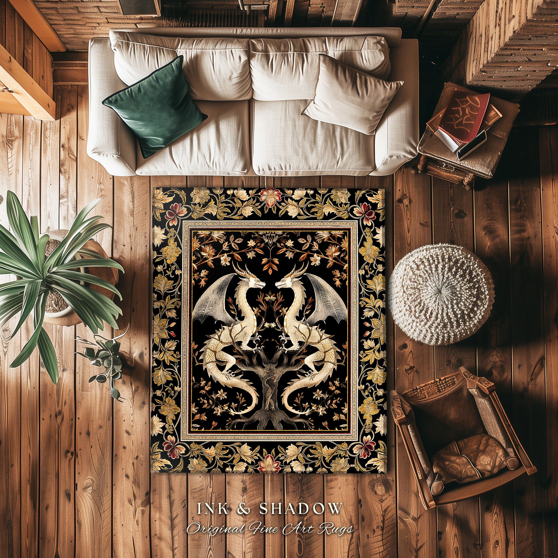 Ethereal Dragon Lover Rug Magical Fantasy Gothic Decor | Enchanted Artful Gift Fairytale Decor Dragon Art Deco Rug Dark Academia Decor |