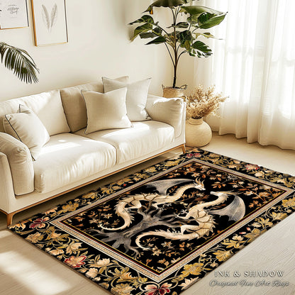 Dark Whimsy Dragon Lovers Rug Fantasy Decor | Enchanted Aesthetic Fairycore Gifts Mythical Decorative Carpet Dragon Art Fairy Tale Area Rug