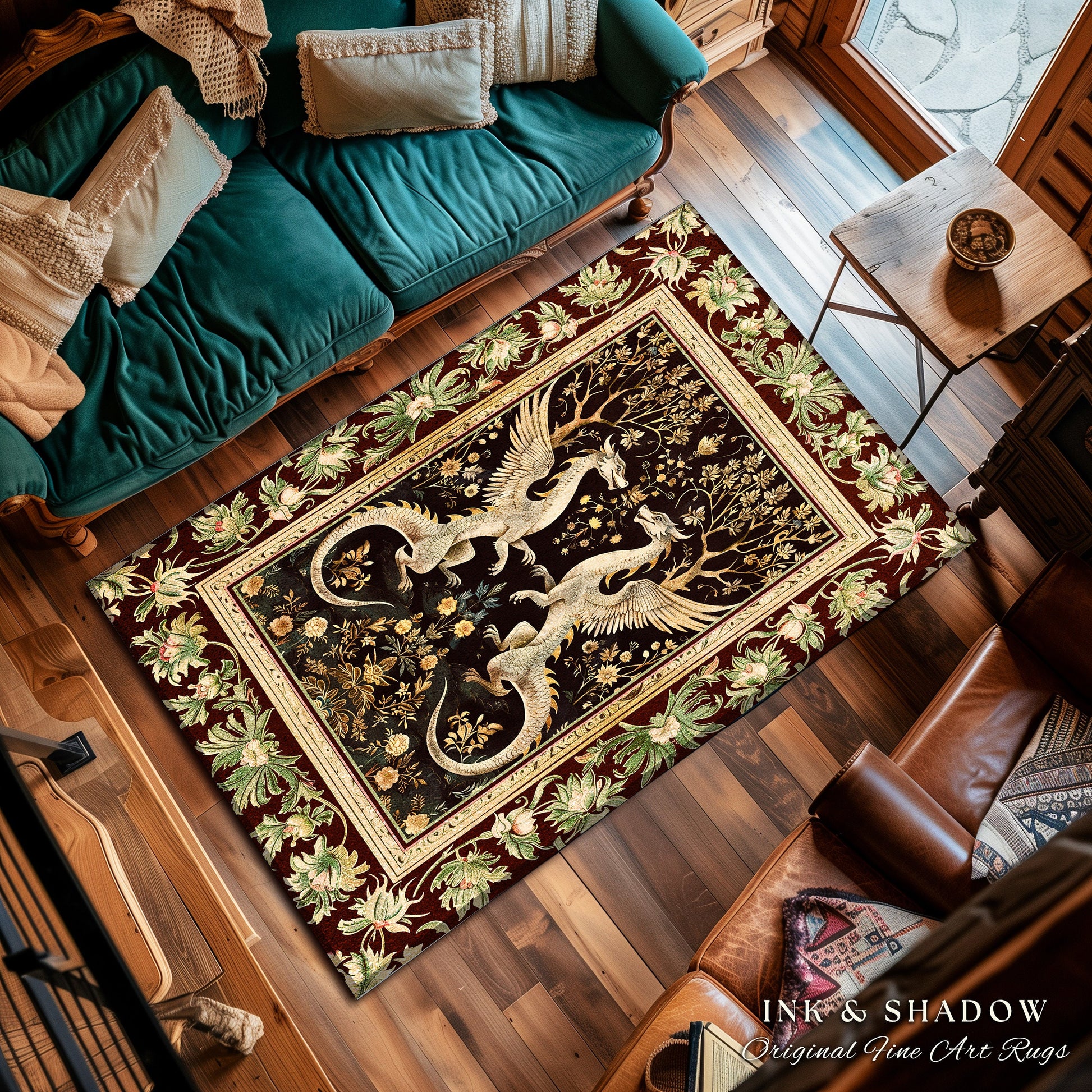 Dark Whimsy Dragon Lovers Rug Fantasy Decor | Enchanted Aesthetic Fairycore Gifts Mythical Decorative Carpet Dragon Art Fairy Tale Area Rug