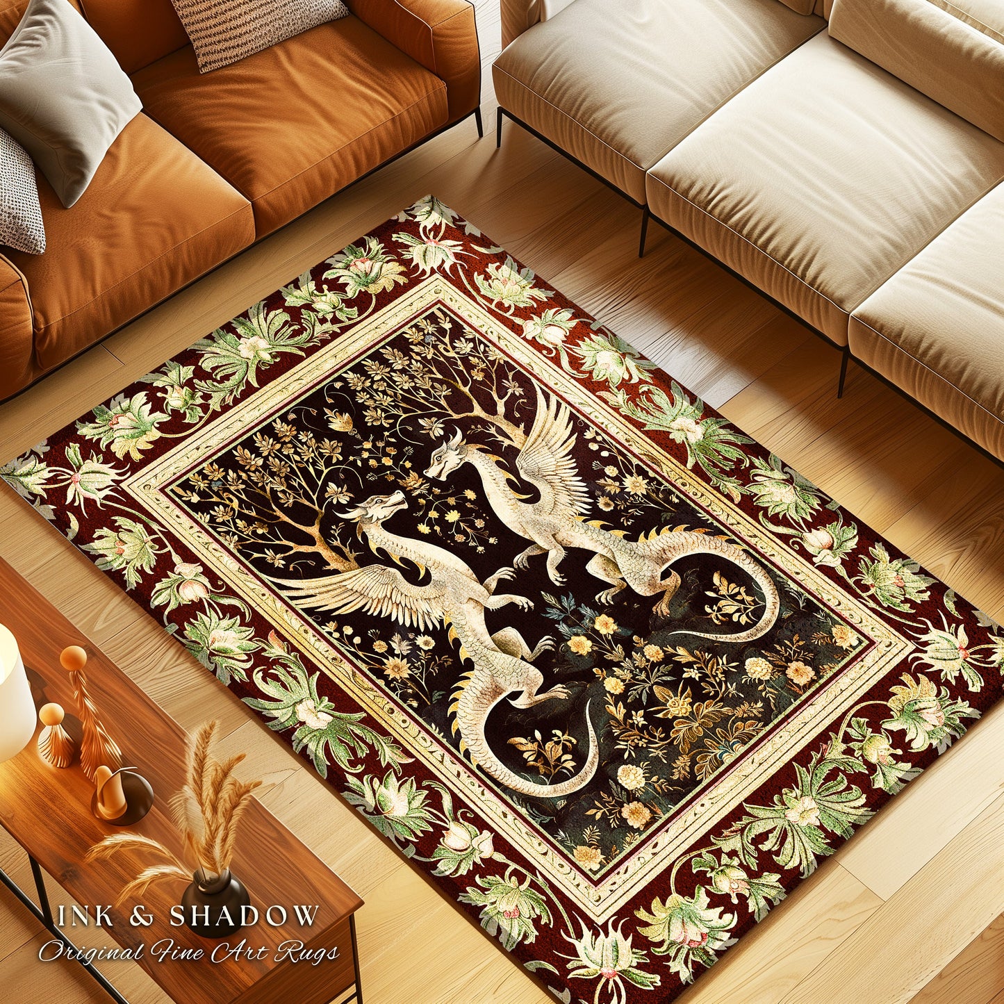 Dark Whimsy Dragon Lovers Rug Fantasy Decor | Enchanted Aesthetic Fairycore Gifts Mythical Decorative Carpet Dragon Art Fairy Tale Area Rug