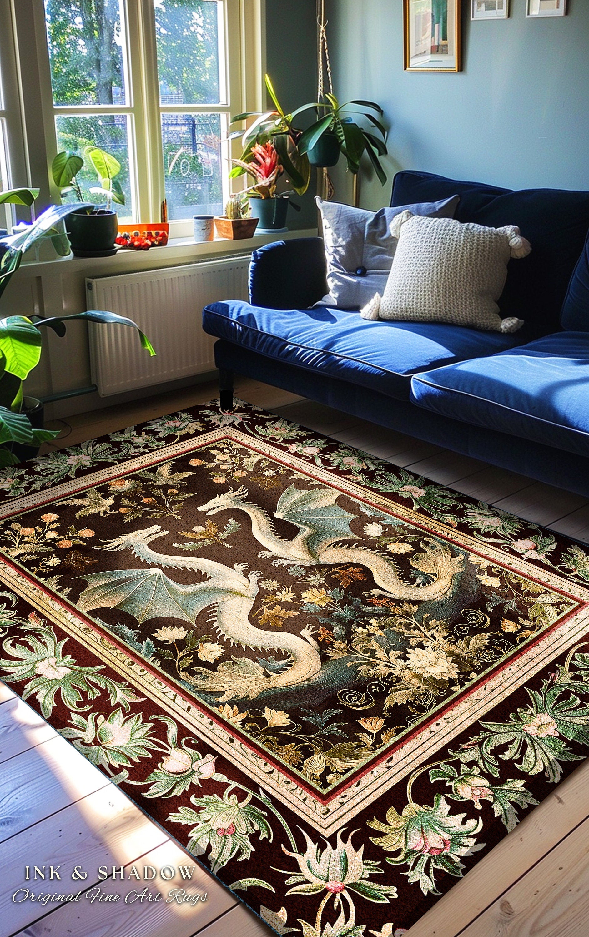 Regal Medieval Victorian Gothic Dragon Rug Ornate Floral Baroque Whimsy, Ethereal Fantasy Art Nouveau Enchanted Magic Woodland Cottagecore