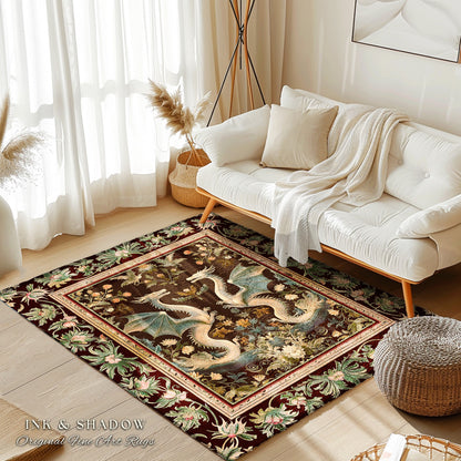 Regal Medieval Victorian Gothic Dragon Rug Ornate Floral Baroque Whimsy, Ethereal Fantasy Art Nouveau Enchanted Magic Woodland Cottagecore