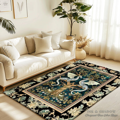 Mystical Victorian Dragon Rug Ornate Floral Art Nouveau Design, Enchanted Baroque Forest Fantasy | Medieval Gothic Cottagecore Accent Decor