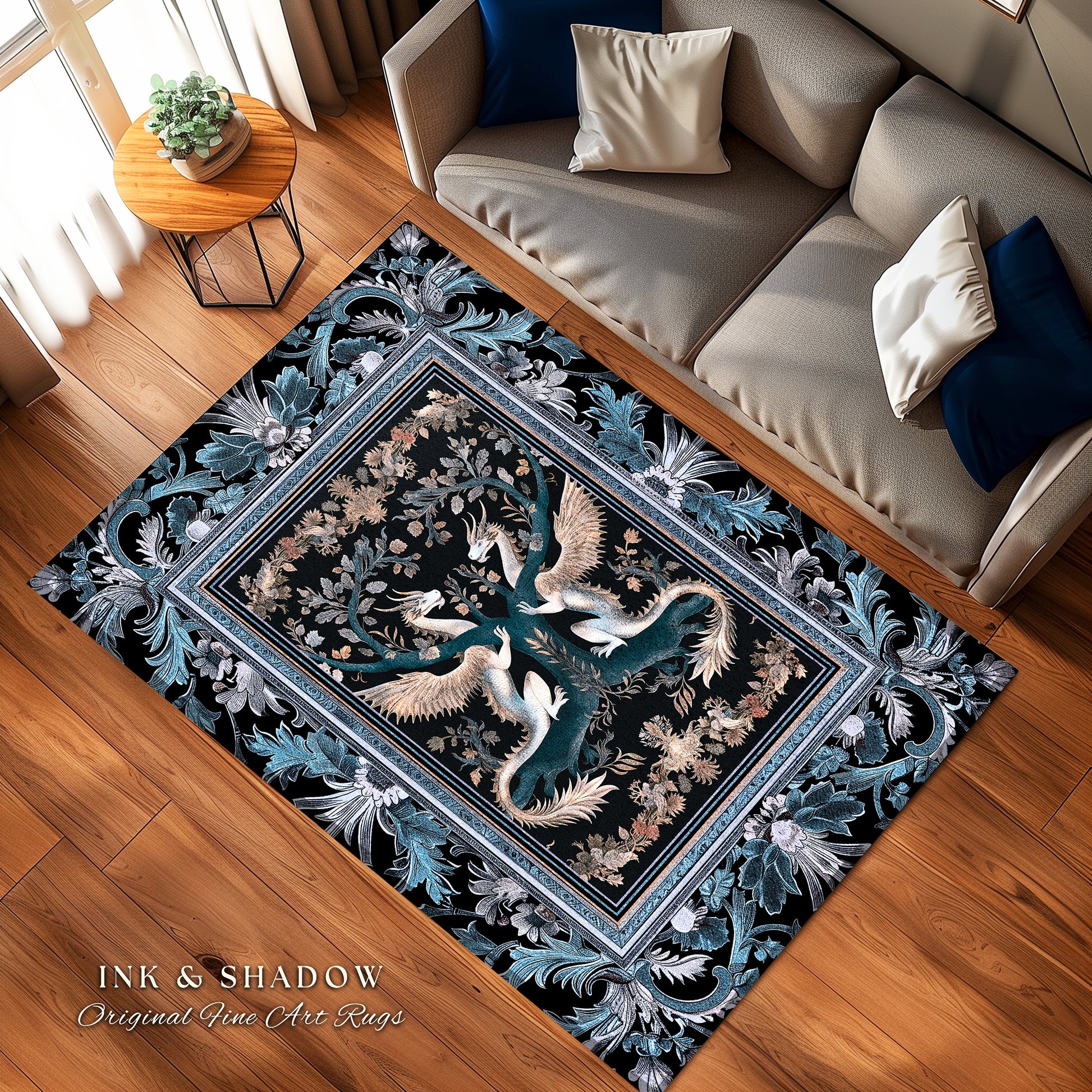 Indigo Dusty Blue Medieval Dragon Lovers Rug Mystic Fairycore Boho Art Nouveau Decor | Vintage Dark Academia Victorian Gothic Fairytale Rug